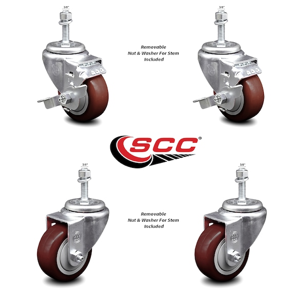 Service Caster 3.5 Inch Maroon Polyurethane Swivel 3/8 Inch Threaded Stem Caster Brakes, 2PK TS20S3514-PPUB-MRN-TLB-381615-2-S-2 - main